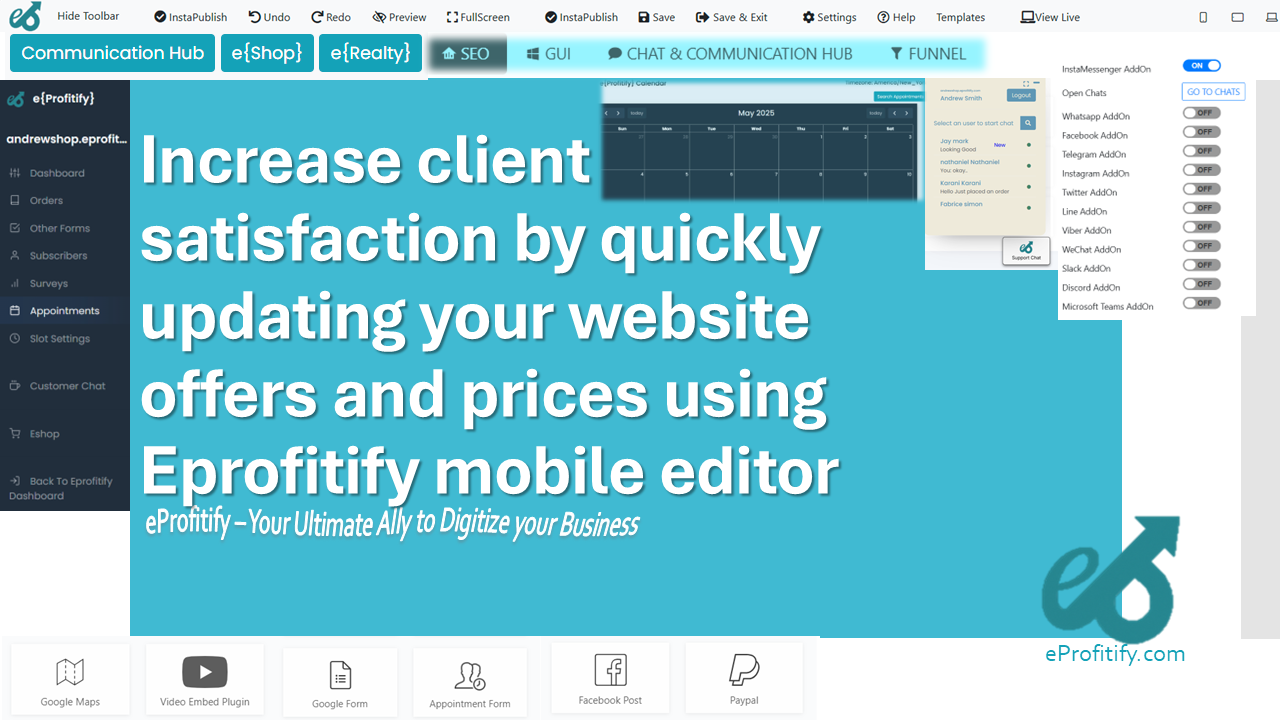 Increase client satisfaction by quickly updating your website offers and prices using Eprofitify mobile editor